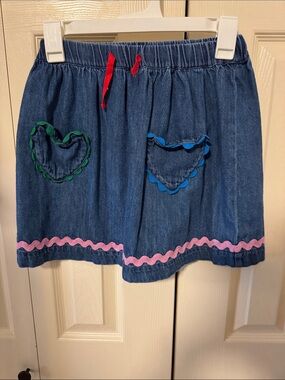 Denim Girls Skirt with Heart Pockets and Pink Trim Mini Boden